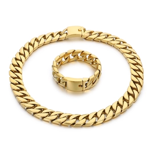Golden 20mm Cuban link chain necklace and bracelet set in polished titanium steel for men