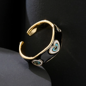 18K gold plated heart and evil eye enamel ring with adjustable open band for women