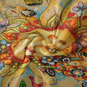 Detail of bohemian sun tapestry fabric with floral patterns and soft fabric drape
