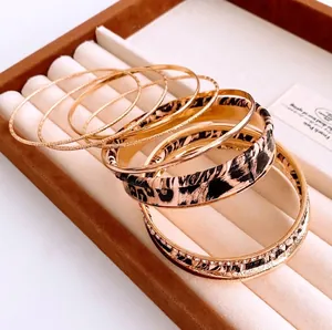 Retro Leopard Print Bangles Stackable Gold Tone Metal Artificial Leather Rhinestone Bohemian Multi Layer Jewelry For Women