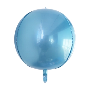 Detailed view of a light blue 4D sphere foil balloon with metallic finish on white background