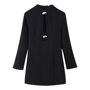 Fashionable black long sleeve dress with stand collar and hollow out chest metal buckles