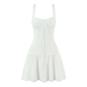 Robe Courte En Dentelle Blanche Pour Femmes Bretelles Spaghetti Boutonnée Ourlet À Volants Style Corset Doux Sexy Sans Manches