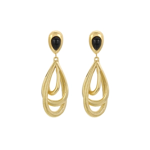 Boucles d'oreilles en acier doré avec pierre goutte noire et design triple cercles