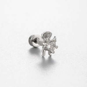 Silver angel stud earring with heart zircon and screw back closure for cartilage piercing