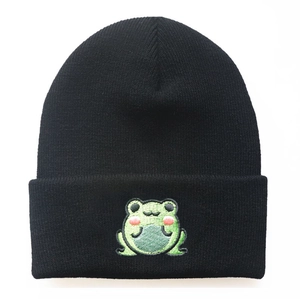 Winter black knit beanie with cute green frog embroidery in casual ribbed style