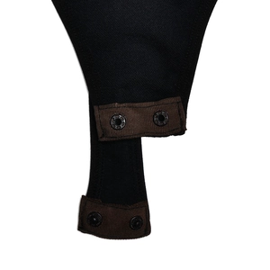 Close-up of black knitted bodysuit featuring double snap button crotch closure detail
