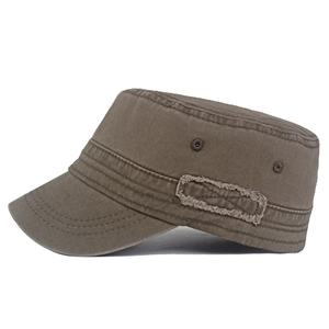Men's vintage washed cotton flat top cadet cap with side patch and metal eyelets
