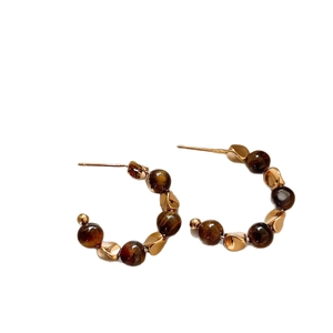 Gold plated geometric C-shape hoop earrings with tiger eye stone beads for women