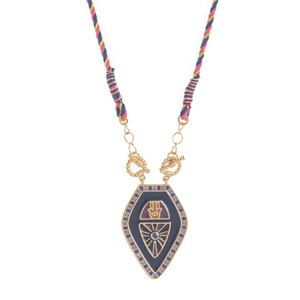 Detail of shield-shaped tarot necklace with blue evil eye enamel and gemstones