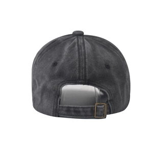 Detail view of the washed cotton baseball cap featuring an adjustable metal buckle on back