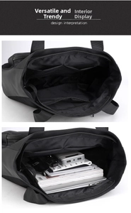 Detailed view of the large capacity interior with compartments for laptop and daily items