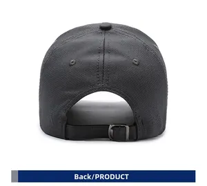 Detailed back view of dark charcoal baseball cap with adjustable metal buckle and twill texture
