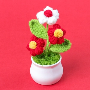 Vista de detalle de flores tejidas a mano en maceta blanca con hilo rojo y verde