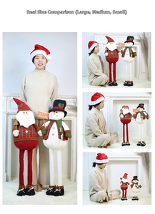 Size comparison of plush Santa and Snowman holiday dolls in large, medium, and small sizes