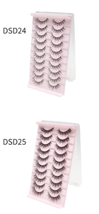 Detail view of DSD24 and DSD25 thick natural curled false eyelashes in 10-pair sets