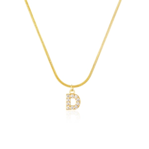 Detail of gold letter D pendant with clear crystals on a sleek round snake chain