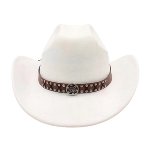 Detail of white felt cowboy hat featuring a brown studded band and vintage buckle