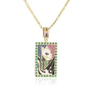 18K gold plated necklace with colorful zircon rectangular oil painting cat pendant