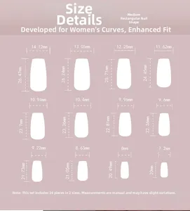 Size chart detail for long square press-on nails showing twelve different dimensions