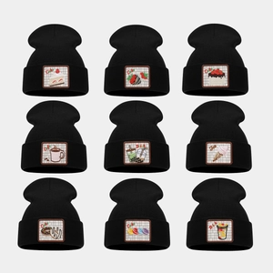 Korean Creative Acrylic Knit Beanie Hat Macaron Dessert Strawberry Cake Embroidery Patch Warm Winter Ear Protection Cold Hat