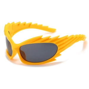 Unique yellow fire-shaped sports sunglasses with dark grey lenses in a 45-degree side view