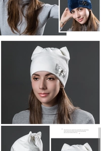 Detailed view of women's cat ear knit hat with delicate rhinestone flower embellishments