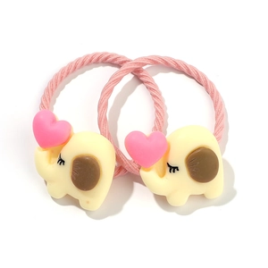 Two pink elastic hair ties for girls featuring cute yellow cartoon elephant heart charms