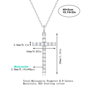Detailed size specifications for a 925 sterling silver cross moissanite pendant necklace