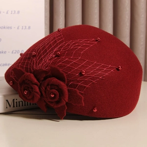 Elegant wine red wool beret featuring delicate mesh veil, 3D floral and pearl accents