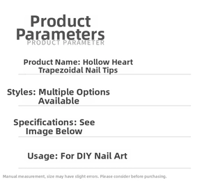Detail specifications of heart cutout coffin nail tips for DIY manicure styles
