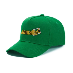 Green five-panel baseball cap with Jamaica embroidery and flag detail shown from side view