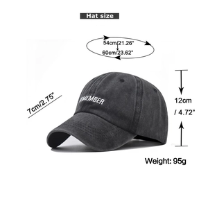 Detailed dimensions of a vintage washed baseball cap with REMEMBER embroidery