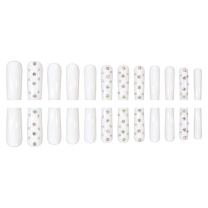 24 pieces of long white coffin nails featuring rhinestones and high gloss finish