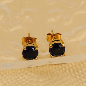 Classic 18k gold plated stainless steel stud earrings with round blue cubic zirconia