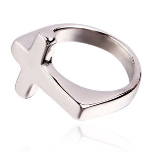 Polished stainless steel ring with cross design and mirror reflection on white background