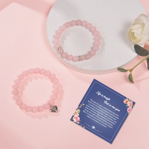 Elegantes Rosenquarz-Perlenarmband-Set mit inspirierender Botschaftskarte für Damen