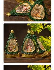 Detailed views of festive Christmas tree snow globes with gold bases and holiday scenes