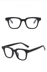 Front and side views of stylish black thick-frame glasses with silver rivet accents
