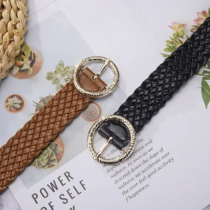 Braided PU leather belts in black and brown with vintage round golden metal buckles