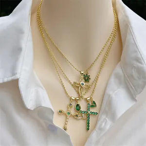 18K Gold Plated Copper Cross Pendant Necklace For Women Green Zirconia Heart Rose Tulip Combination Fashion Jewelry Gift