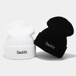 Fashionable ribbed knit beanies with Daddy embroidery in black and white colors
