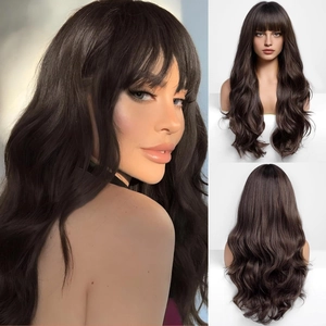 Detailed views of long wavy dark brown synthetic wig with bangs from multiple angles