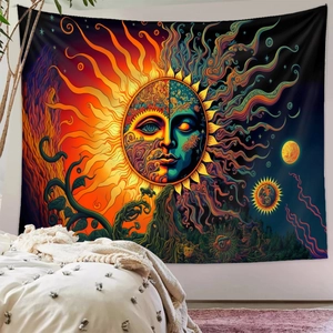 Close-up of psychedelic sun and moon tapestry wall hanging for bedroom decoration