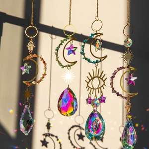 Set of 4 moon and star suncatchers with crystal prisms for window hanging decor