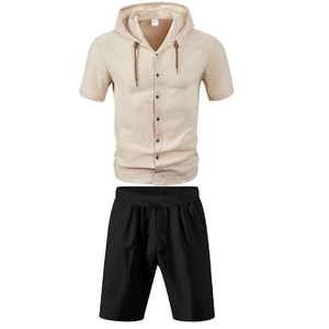 Men's summer linen set featuring a beige short sleeve hooded shirt and black drawstring shorts