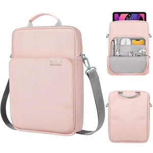 Pink 14-inch tablet sleeve bag with handle and shoulder strap shown in multiple views