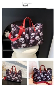 Detailed views of dark skull and floral quilted tote bag with contrasting red handles