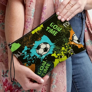 Soccer themed makeup bag with GOAL TIME print and wrist strap for sports enthusiasts
