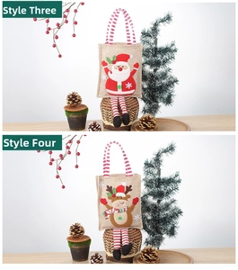 Detailed close-up of burlap Christmas gift bags with Santa and Reindeer designs